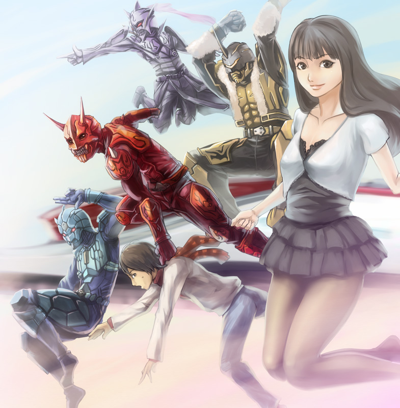 1girl, 5boys, barefoot, brown_hair, don_michael, hana_(den-o), jumping, kamen_rider
