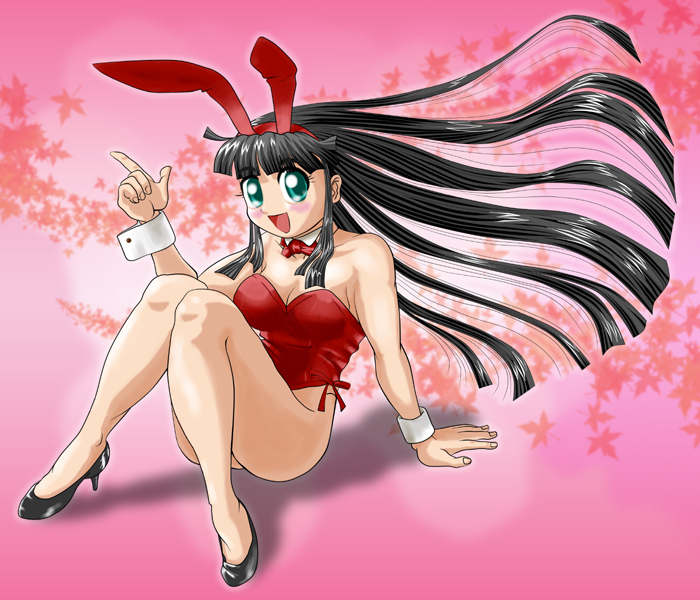 bangs, bare_legs, black_hair, blunt_bangs, bunny_ears, bunnysuit, green_eyes, hime_cut