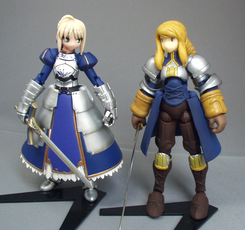 2girls, agrias_oaks, armor, crossover, fate/stay_night, fate_(series), figure, final_fantasy, final_fantasy_tactics, look-alike, multiple_girls, photo, revoltech, saber, sword, trait_connection, weapon