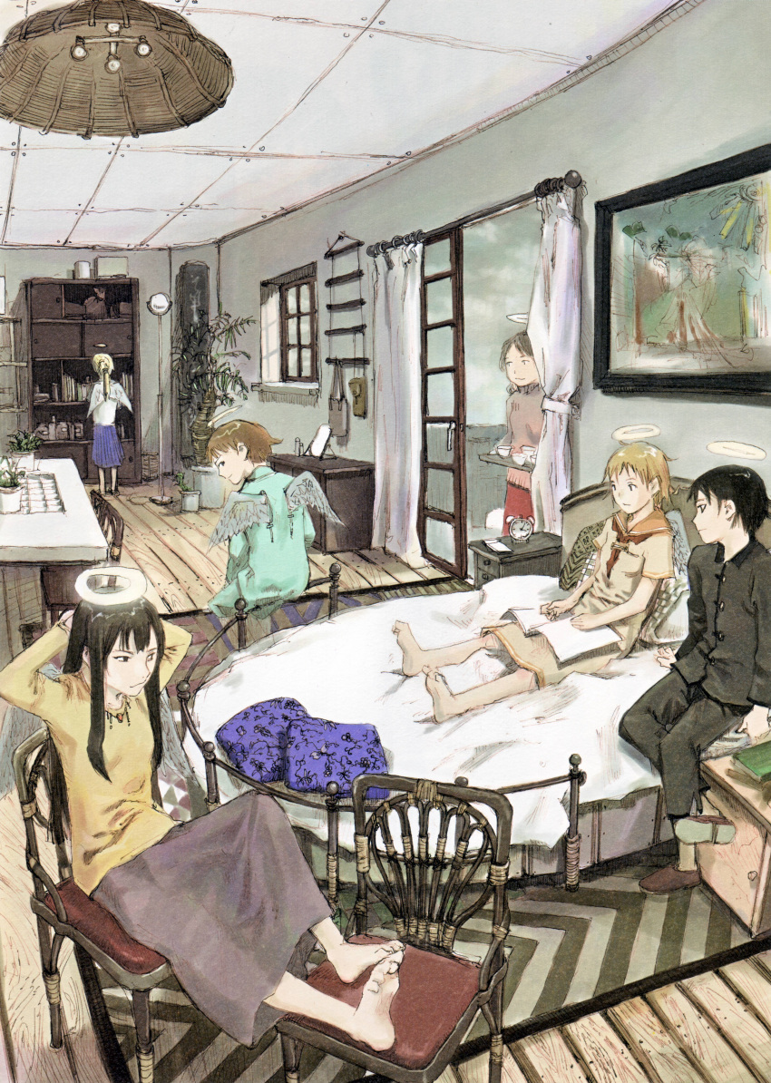 00s, 6+girls, abe_yoshitoshi, absurdres, angel, barefoot, chinese_clothes, haibane_renmei