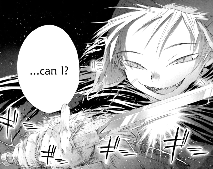 comic, kimi_no_kakera, kuro, monochrome, shiro_(kimi_no_kakera), smile, sword, takahashi_shin, weapon