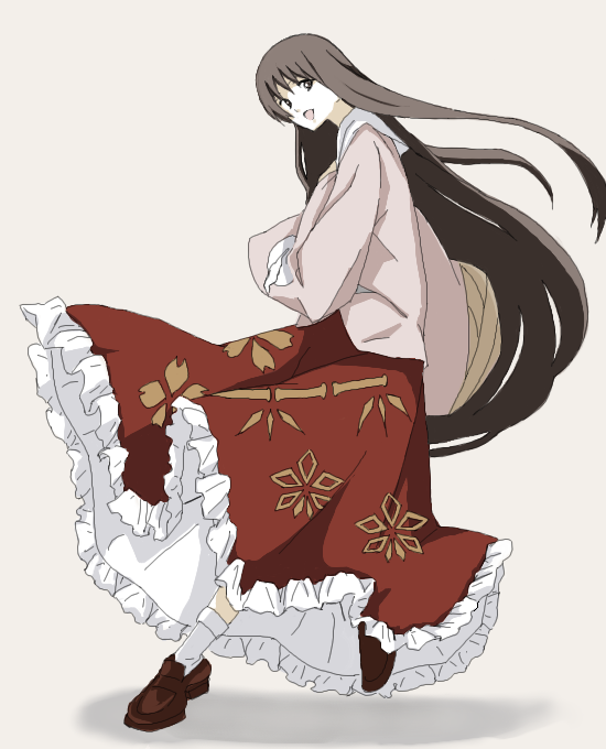 1girl, :d, black_eyes, blouse, collar, female, frilled_skirt, houraisan_kaguya
