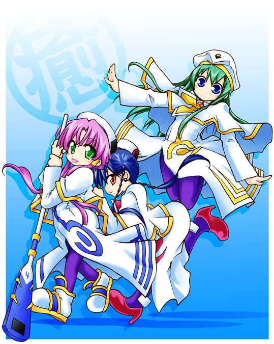 3girls, :d, aika_granzchesta, alice_carroll, aria, beret, blue_background, blue_eyes
