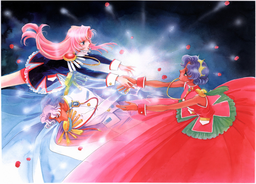 1boy, 2girls, 90s, aiguillette, cape, closed_eyes, dark_skin, dios