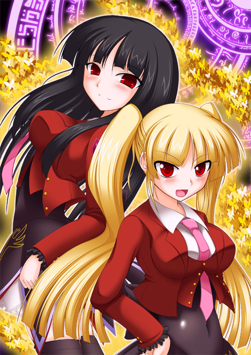 2girls, asmodeus, black_hair, blazer, blonde_hair, jacket, john_(nakoto), long_hair