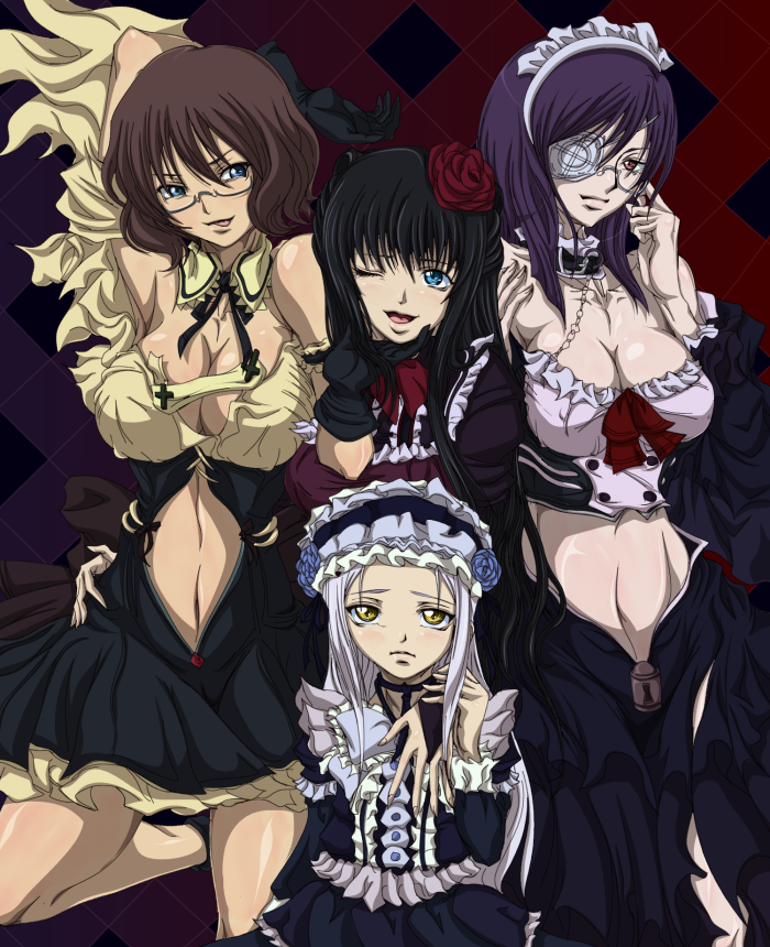 4girls, :p, bad_id, black_hair, blue_eyes, blush, bonnet, breasts