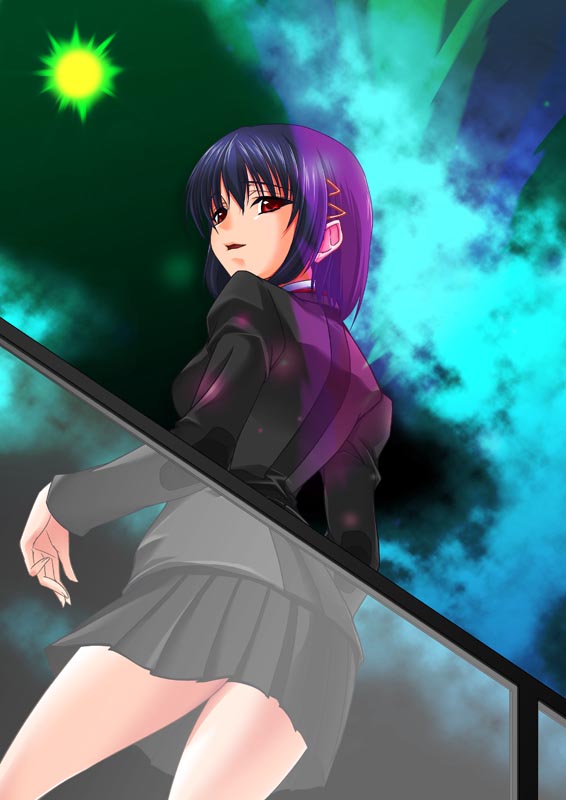 1girl, atlus, aurora, black_shirt, black_skirt, from_behind, from_below, glass