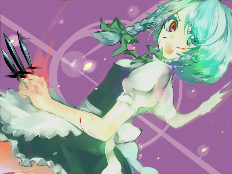 1girl, alternate_hair_color, aqua_hair, between_fingers, blood, bow, braid, dutch_angle