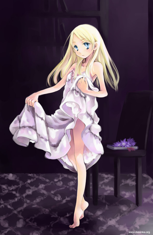 barefoot, blonde_hair, dress, feet, flat_chest, hands, kurafuji_sachi, long_hair