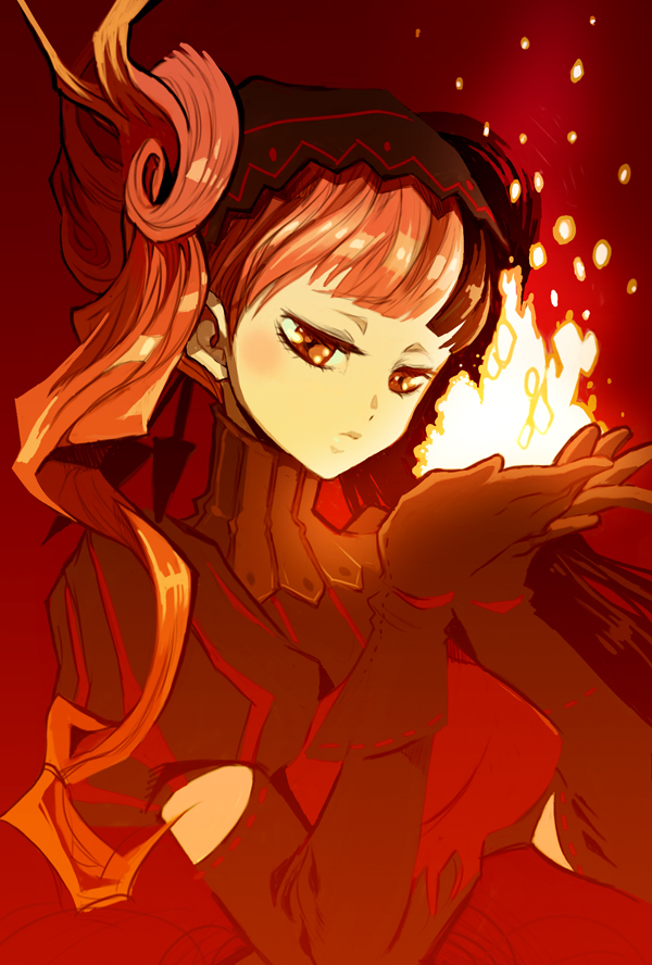 1girl, bad_id, detached_sleeves, fire, gloves, kimimaru, layla_(sound_horizon), seisen_no_iberia