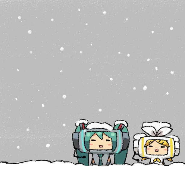 chan_co, chibi, hatsune_miku, kagamine_rin, katamari_damacy, parody, snow, vocaloid