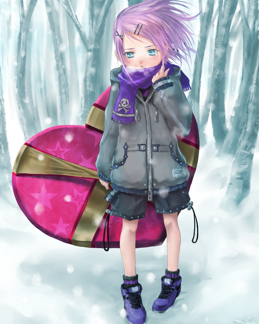 bad_id, green_eyes, highres, original, phase, purple_hair, scarf, valentine