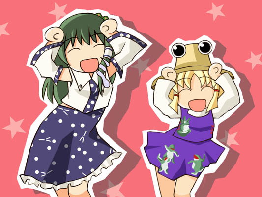 2girls, caramelldansen, female, hana_(hana_mo_arashi_mo), hat, kochiya_sanae, moriya_suwako, multiple_girls