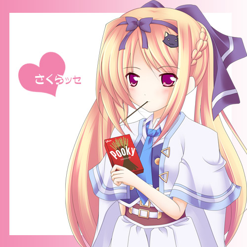 1girl, cat_hair_ornament, hair_ornament, lowres, lulli, maid_koubou, pocky, sakura_strasse