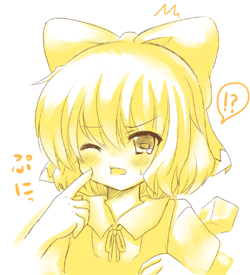 !?, 1girl, 23, 23_(candy_chapus), blush, bow, cheek_poking, cirno