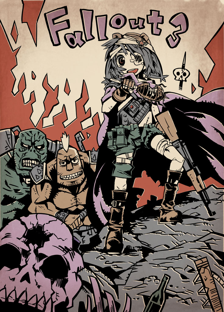 bandage, bottle, cape, eyepatch, fallout, fallout_3, fire, gun, insect, kuma_jet, kumajet3, mutant, pauldrons, radiation, radroach, raider, rifle, ruins, shorts, skull, skulls, star, super_mutant, weapon