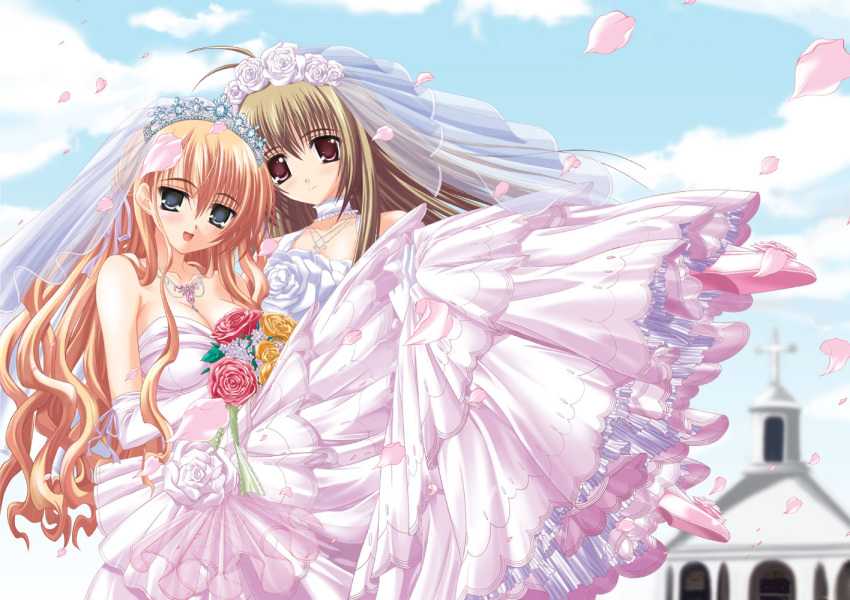 1boy, 1girl, blush, bouquet, bridal_veil, bride, brown_hair, carrying