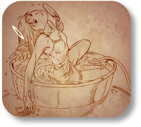 00s, 1girl, aaru_sentou_shuudan, barefoot, basin, bath, brown, dress, fan, haibane_renmei, hose, long_hair, looking_up, monochrome, nightgown, paper_fan, reki, rounded_corners, solo, strap_slip, uchiwa, wading, water, wet, wings