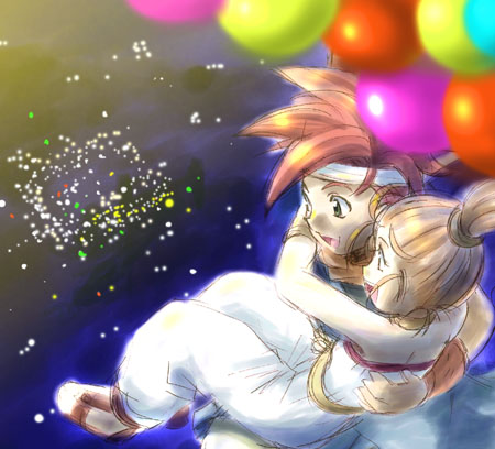 1boy, 1girl, 90s, aerial_fireworks, balloon, chrono_(series), chrono_trigger, crono