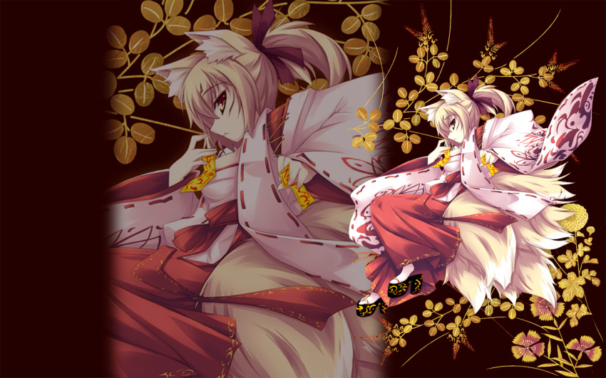 1girl, animal_ears, blonde_hair, breasts, fox, fox_ears, fox_tail, geta