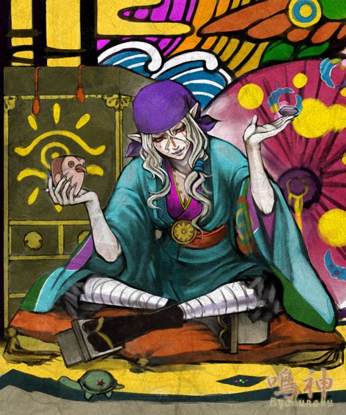 1boy, bandanna, blonde_hair, blue_eyes, byakuroku, do-rag, facepaint, facial_mark, geta, hair_tie, indian_style, japanese_clothes, jewelry, kimono, kusuriuri_(mononoke), lipstick, long_hair, makeup, male_focus, medallion, mononoke, nail_polish, necklace, obi, pale_skin, pointy_ears, sash, sitting, solo, sun_(symbol), tabi, turtle, umbrella