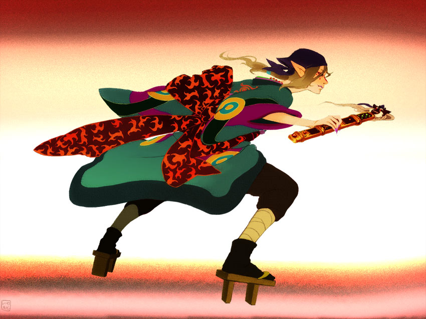 1boy, action, bandanna, blonde_hair, bow, do-rag, facepaint, facial_mark, fighting_stance, geta, hair_tie, japanese_clothes, jewelry, kimono, kusuriuri_(mononoke), long_hair, looking_to_the_side, makeup, male_focus, mononoke, nail_polish, necklace, obi, pointy_ears, sash, sheath, sheathed, solo, sword, tabi, weapon