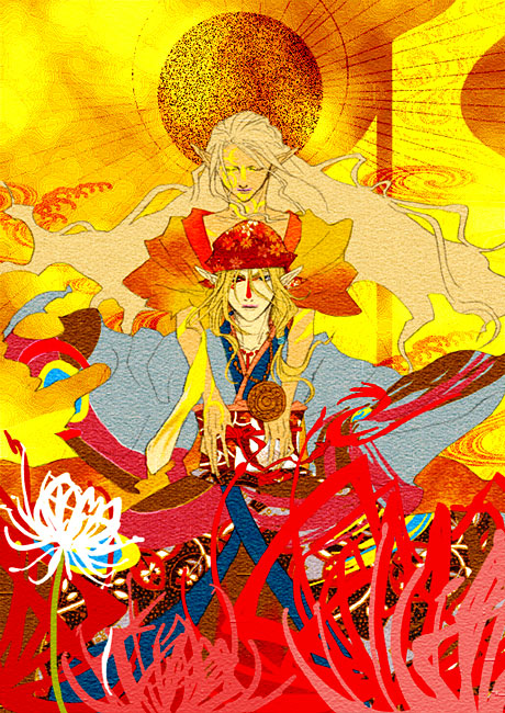 2boys, androgynous, bandanna, blonde_hair, bodypaint, closed_eyes, demon_form, do-rag