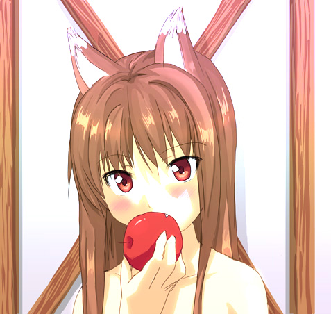 1girl, animal_ears, apple, eating, fang, food, fruit, holding