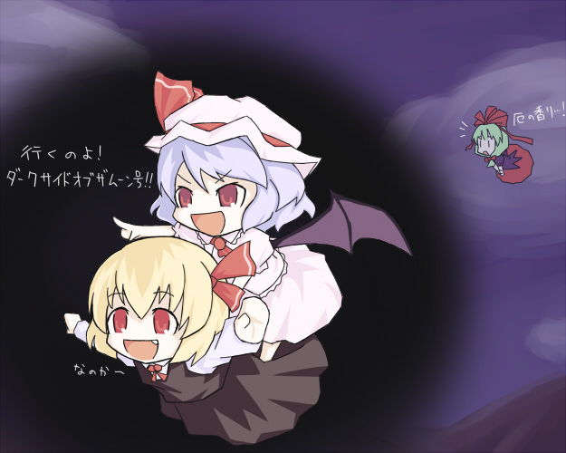 3girls, aratami_isse, bat_wings, blonde_hair, chibi, fang, female, flying