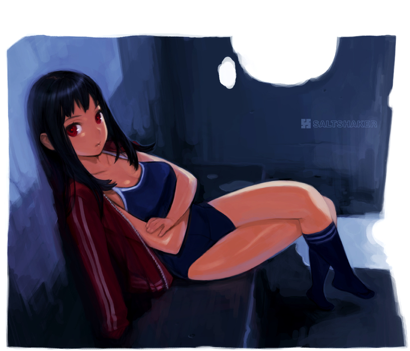 1girl, breasts, crossed_arms, indoors, legs_crossed, murakami_suigun, one-piece_swimsuit, original