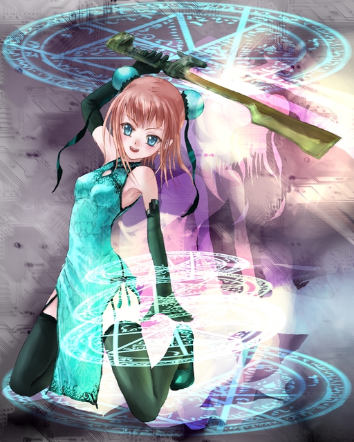 blue_eyes, bun_cover, china_dress, chinese_clothes, double_bun, dress, gloves, magic_circle