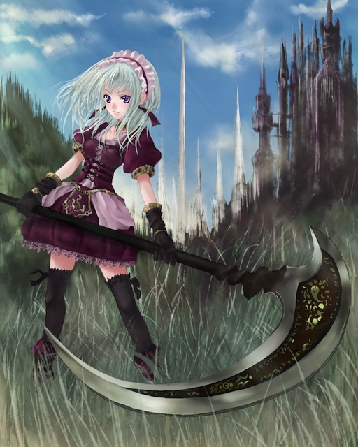 1girl, gloves, original, phase, scythe, solo, thigh-highs