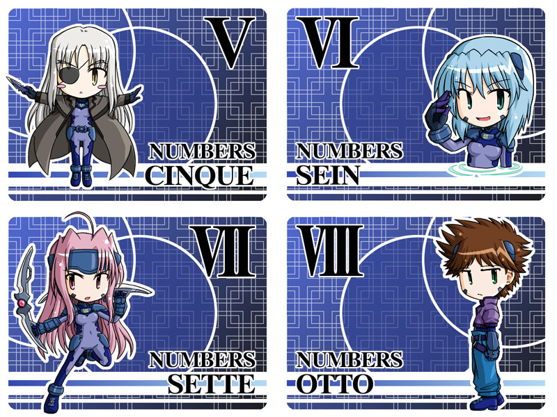 4girls, bodysuit, chibi, cinque_(nanoha), furafura, lyrical_nanoha, mahou_shoujo_lyrical_nanoha, mahou_shoujo_lyrical_nanoha_strikers, multiple_girls, number, numbers_(nanoha), otto_(nanoha), sein, sein_(nanoha), sette_(nanoha)