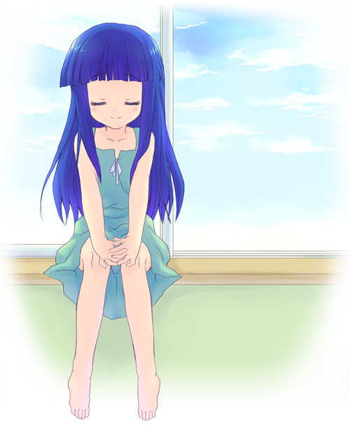 bangs, barefoot, blue_hair, closed_eyes, feet, furude_rika, fuyuichi, higurashi_no_naku_koro_ni