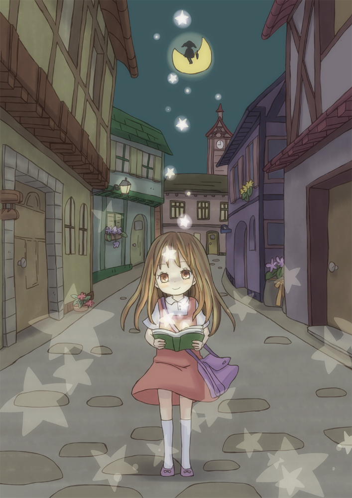 bag, book, building, buildings, child, cute, flower, house, moon, night, ninkon, reading, scenery, smile, star, stars, street, town, usami_miki