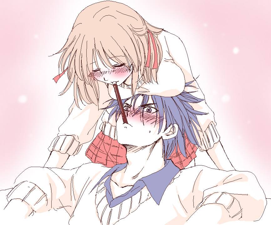 1boy, 1girl, blush, breast_press, breast_rest, breasts, breasts_on_head, food, kanou_ryuuji, large_breasts, oekaki, pocky