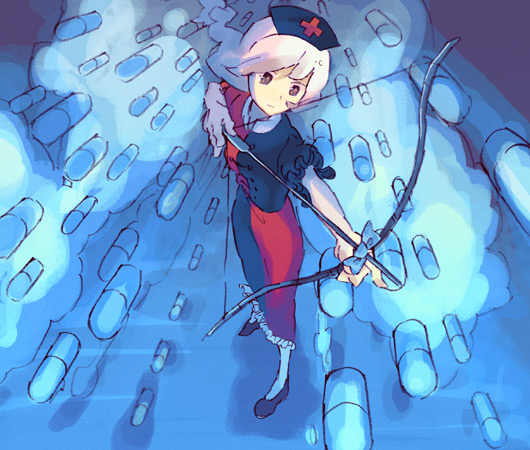 1girl, bow_(weapon), danmaku, drugs, female, kaiza, nirmeli, pill, solo, touhou, weapon, white_hair, wind, yagokoro_eirin
