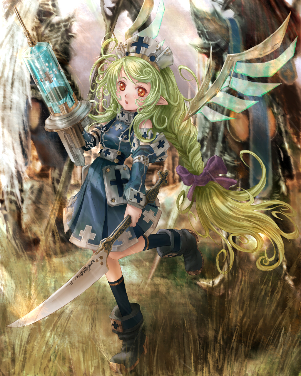 bad_id, braid, green_hair, highres, original, phase, pointy_ears, sword