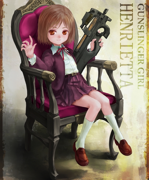 00s, 1girl, armchair, bob_cut, brown_eyes, brown_hair, bullpup, chair, gun, gunslinger_girl, henrietta, left-handed, p90, phase, short_hair, sitting, skirt, solo, submachine_gun, weapon