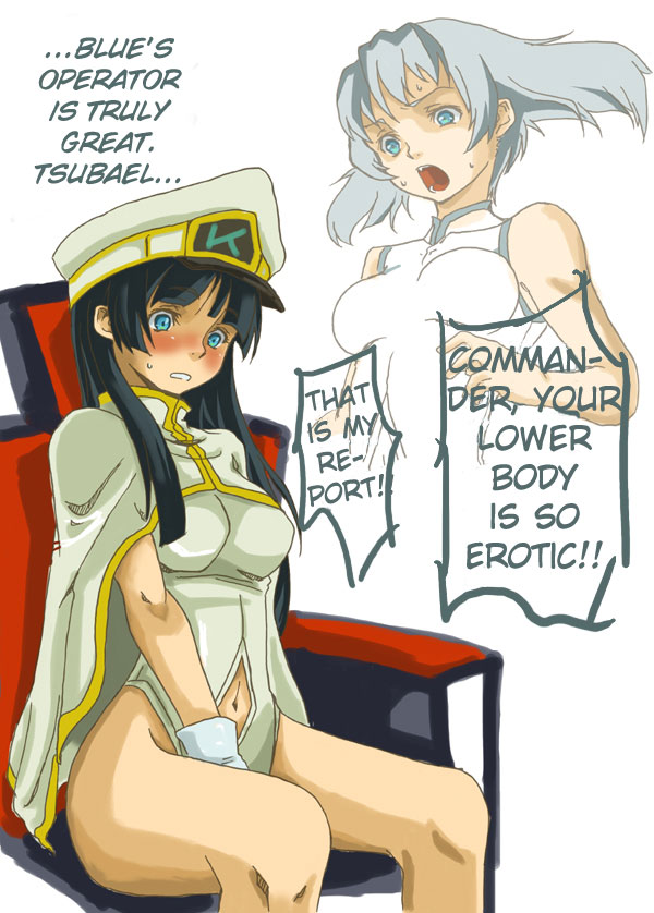 2girls, black_hair, blue_drop, blue_eyes, cape, chair, embarrassed, gloves