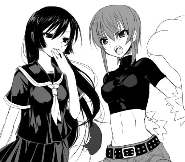 2girls, abs, babydoll_t-shirt, crop_top, kaibutsu_oujo, kamura_reiri, kooriyama_ichirou, koriyama_shashi