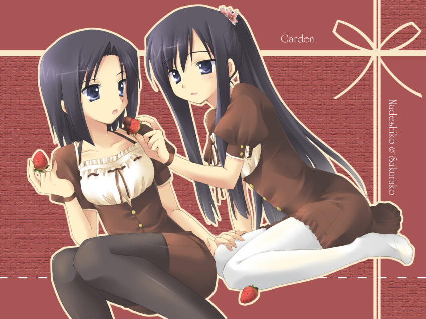 2girls, blue_eyes, chocolate, feeding, food, fruit, garden_(game), highres