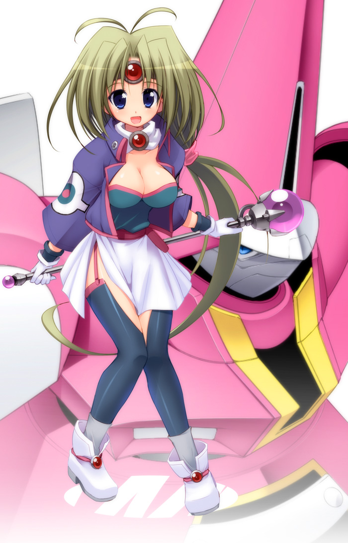 1girl, 90s, blonde_hair, blue_eyes, breasts, circlet, cleavage, garter_belt