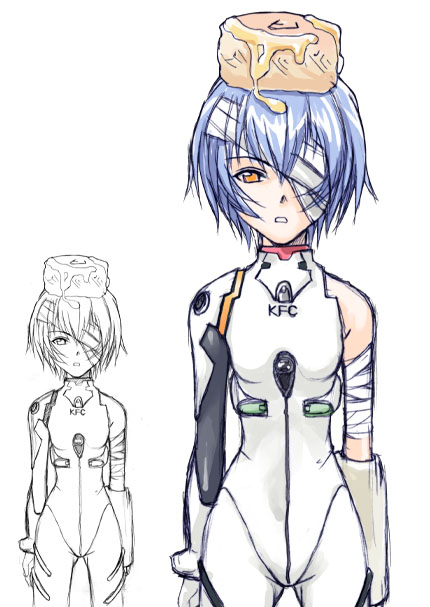 1girl, ayanami_rei, bandage, bandage_over_one_eye, bisuke-tan, bisuke-tan_(cosplay), blue_hair, cosplay, kfc, multiple_views, neon_genesis_evangelion, object_on_head, plugsuit, short_hair