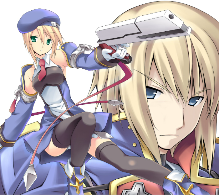 1boy, 1girl, arc_system_works, beret, black_legwear, blazblue, blazblue:_calamity_trigger, blonde_hair, blue_boots, blue_eyes, boots, detached_sleeves, green_eyes, gun, handgun, hat, inase_shin'ya, kisaragi_jin, noel_vermillion, panties, ribbon, skirt, thigh-highs, underwear, weapon, white_panties, zettai_ryouiki