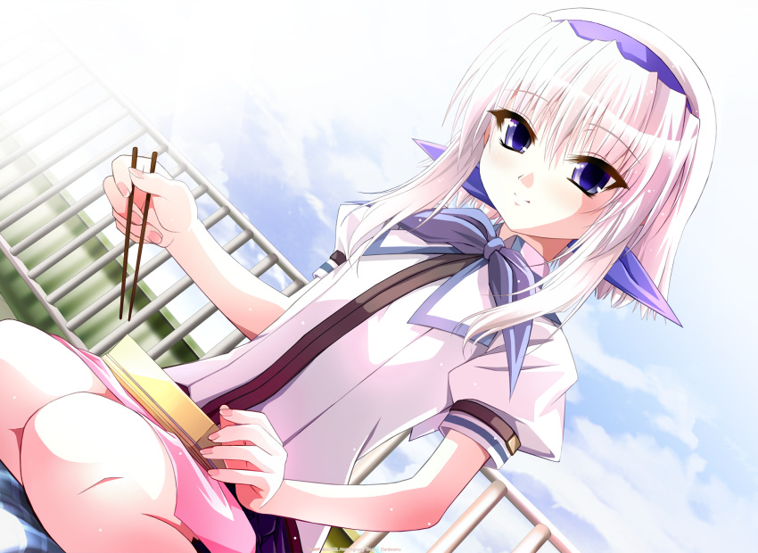 akai_migiwa, blue_eyes, blush, chopsticks, cloud, cross_~kyouki_e_no_michi_shirube~, dutch_angle, fence