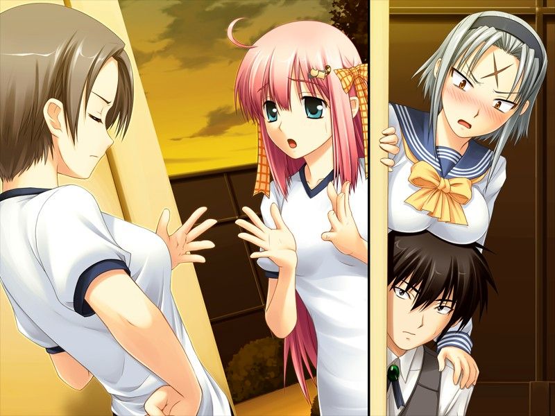 1boy, 3girls, breast_rest, breasts, breasts_on_head, game_cg, gym_uniform, kimi_ga_aruji_de_shitsuji_ga_ore_de