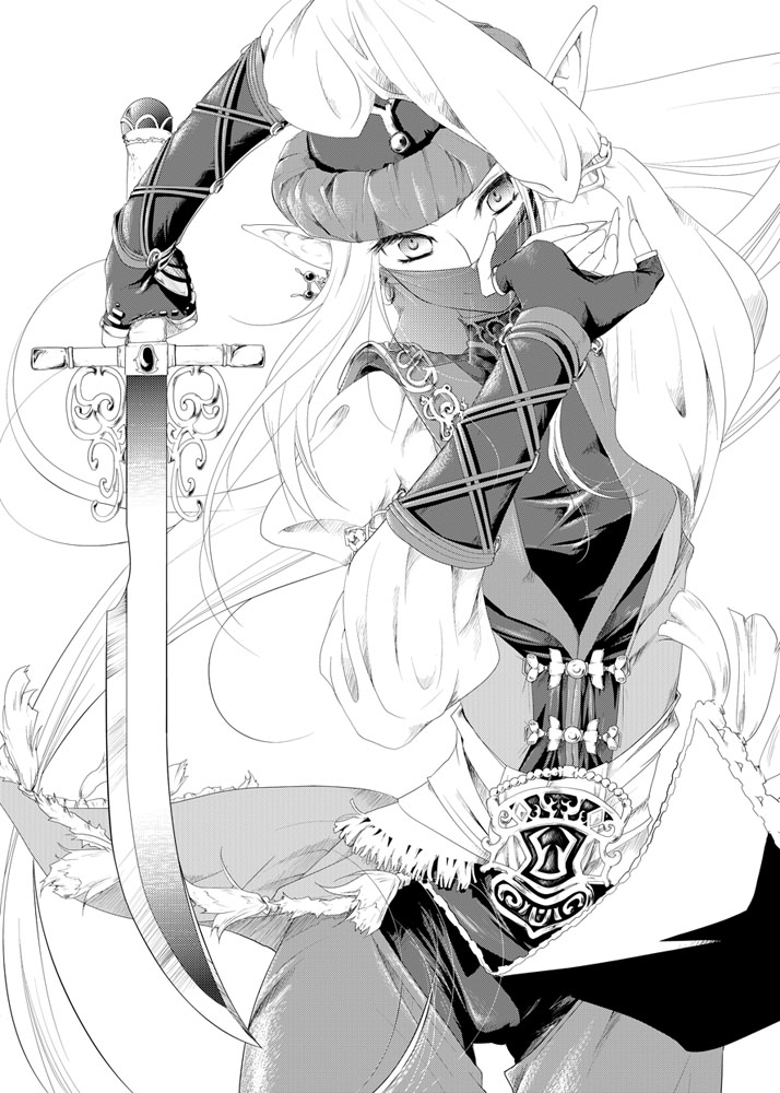 1girl, blue_mage, elf, elvaan, final_fantasy, final_fantasy_xi, gloves, monochrome