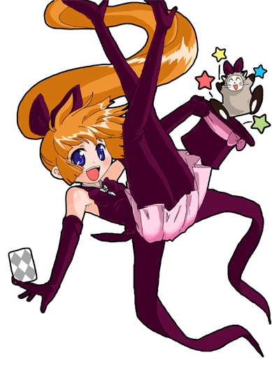 1girl, 90s, bad_id, bare_shoulders, card, elbow_gloves, gloves, haneoka_meimi, hat, hokoro, holding, holding_card, kaitou_saint_tail, legwear, magical_girl, magician, magician's_hat, pantyhose, ponytail, ruby_(kaitou_saint_tail), saint_tail, thigh-highs, top_hat