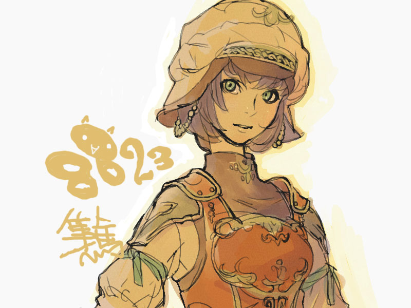 1girl, :o, bangs, blunt_bangs, breastplate, brown_hair, earrings, final_fantasy, final_fantasy_xi, gradient, gradient_background, green_eyes, jewelry, looking_at_viewer, mihli_aliapoh, mithra, parted_lips, short_hair, simple_background, solo, upper_body, white_background